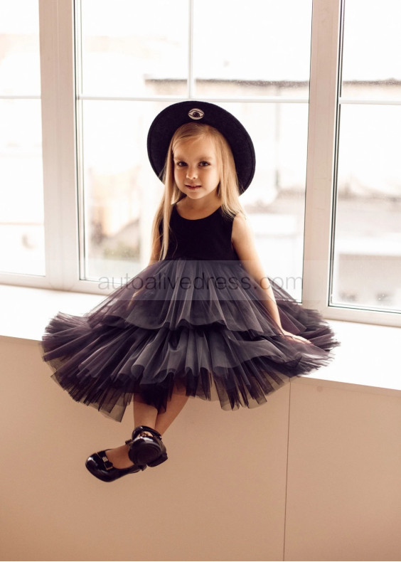 Black Satin Tulle Layered Flower Girl Dress